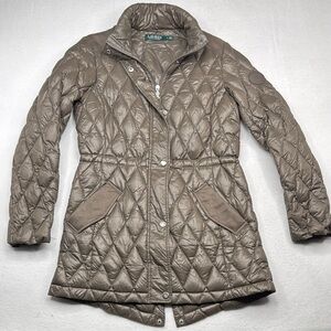 Ralph Lauren Brown Down Quilted Puffer Coat with Stand-Up Collar size Small